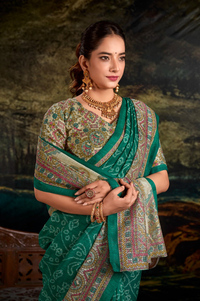 Green Fusion of Madhubani and Bandhej Green Silk Saree with Unstitched Blouse ClothsVilla