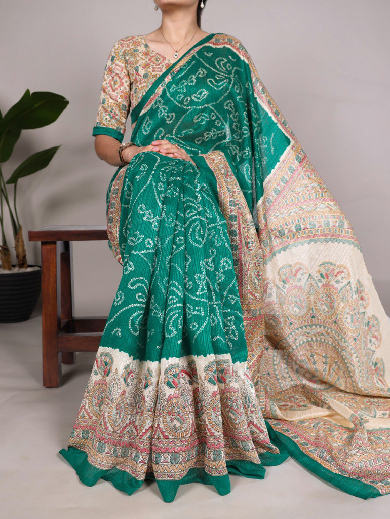 Green Fusion of Madhubani and Bandhej Green Silk Saree with Unstitched Blouse ClothsVilla