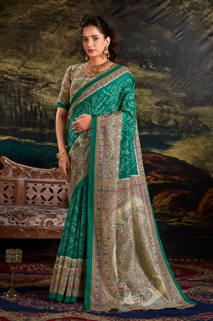 Green Fusion of Madhubani and Bandhej Green Silk Saree with Unstitched Blouse ClothsVilla