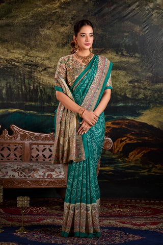 Green Fusion of Madhubani and Bandhej Green Silk Saree with Unstitched Blouse ClothsVilla
