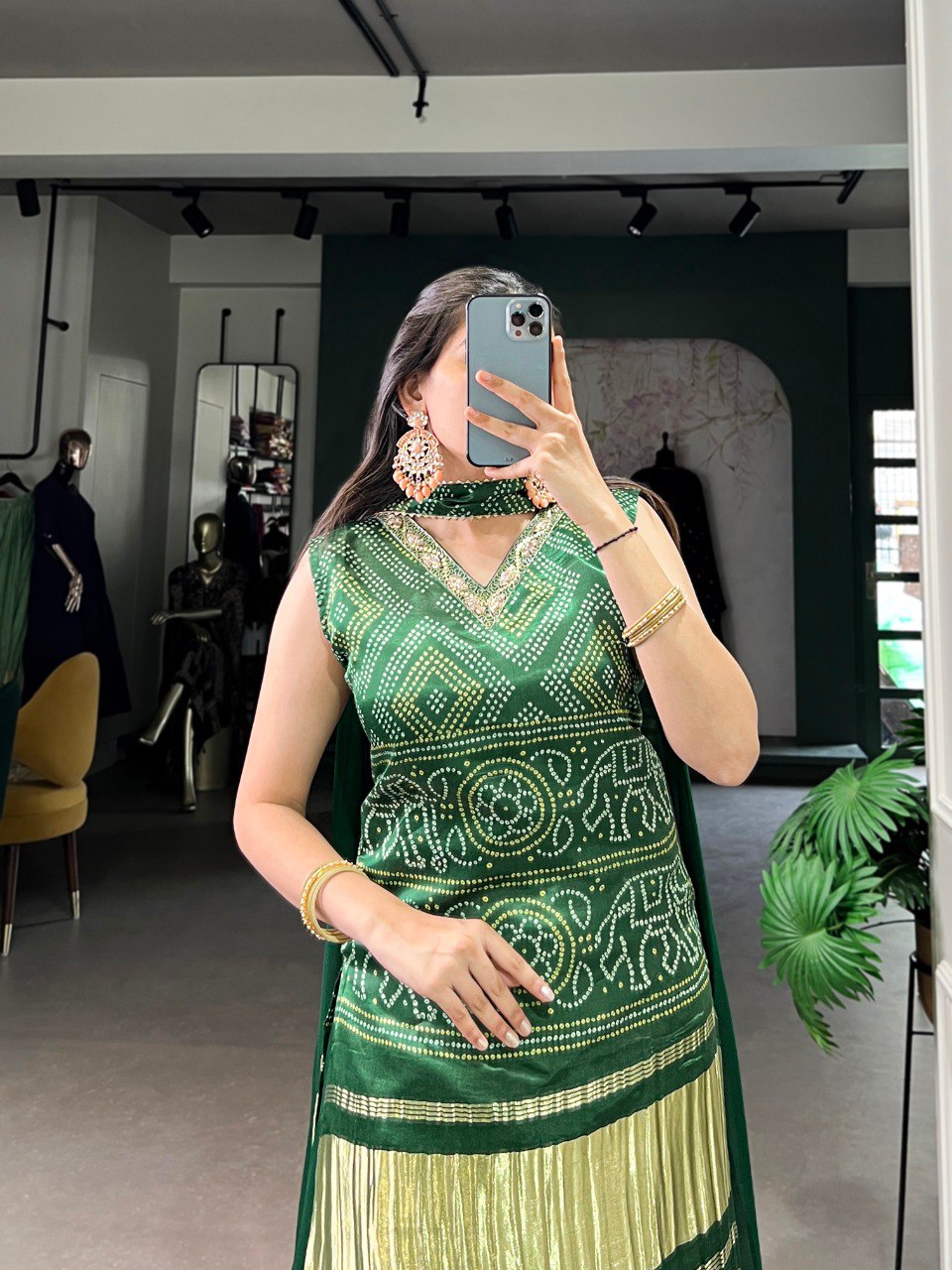 Green Gaji Silk Printed & Handwork Kurti Set with Georgette Plazo and Dupatta – Fully Stitched ClothsVilla