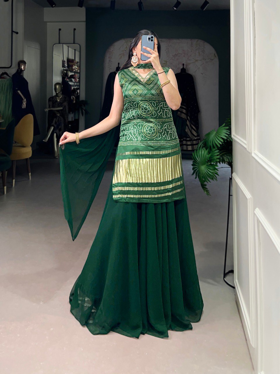Green Gaji Silk Printed & Handwork Kurti Set with Georgette Plazo and Dupatta – Fully Stitched ClothsVilla