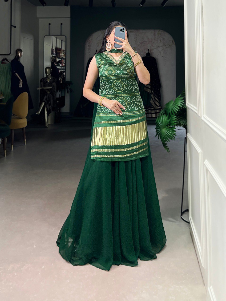 Green Gaji Silk Printed & Handwork Kurti Set with Georgette Plazo and Dupatta – Fully Stitched ClothsVilla