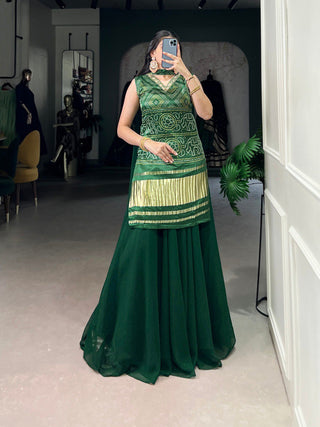 Green Gaji Silk Printed & Handwork Kurti Set with Georgette Plazo and Dupatta – Fully Stitched ClothsVilla