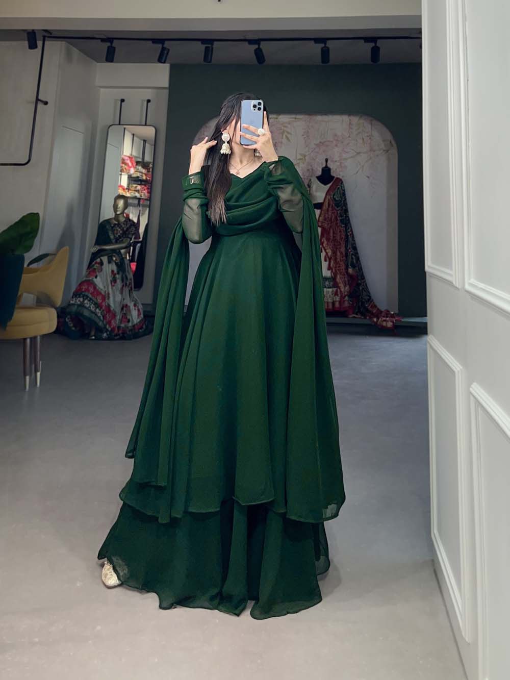 Alluring Green Georgette Kurti Palazzo Set with Dupatta - Modern Indian Chic - Set of 3 ClothsVilla