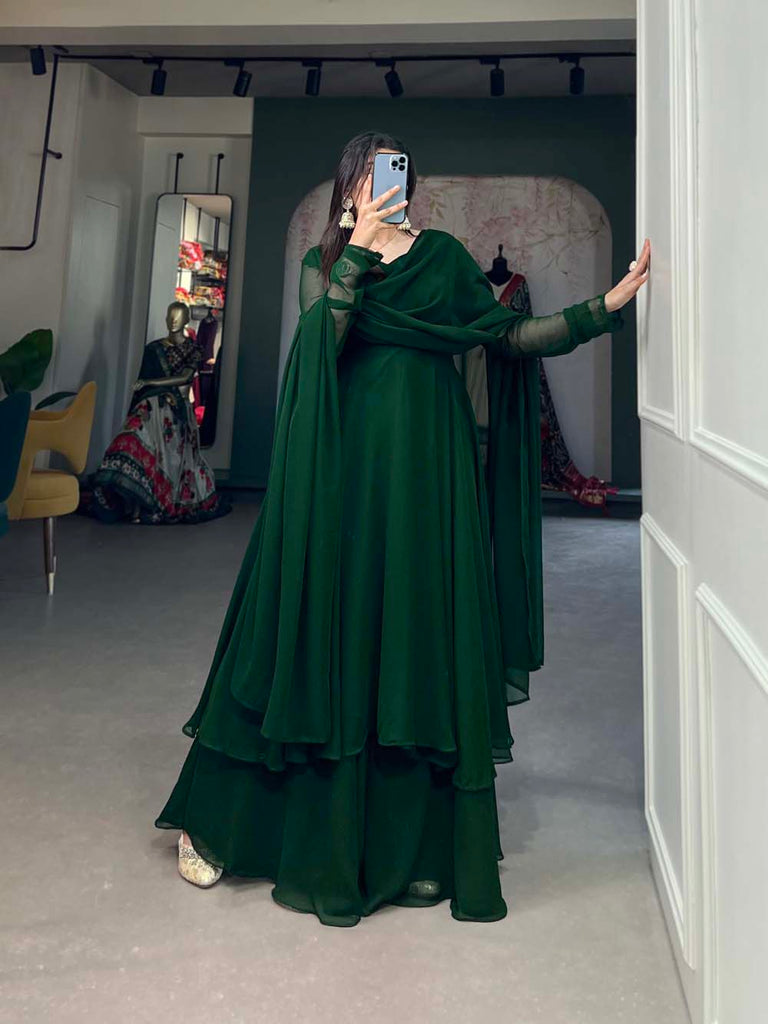 Alluring Green Georgette Kurti Palazzo Set with Dupatta - Modern Indian Chic - Set of 3 ClothsVilla