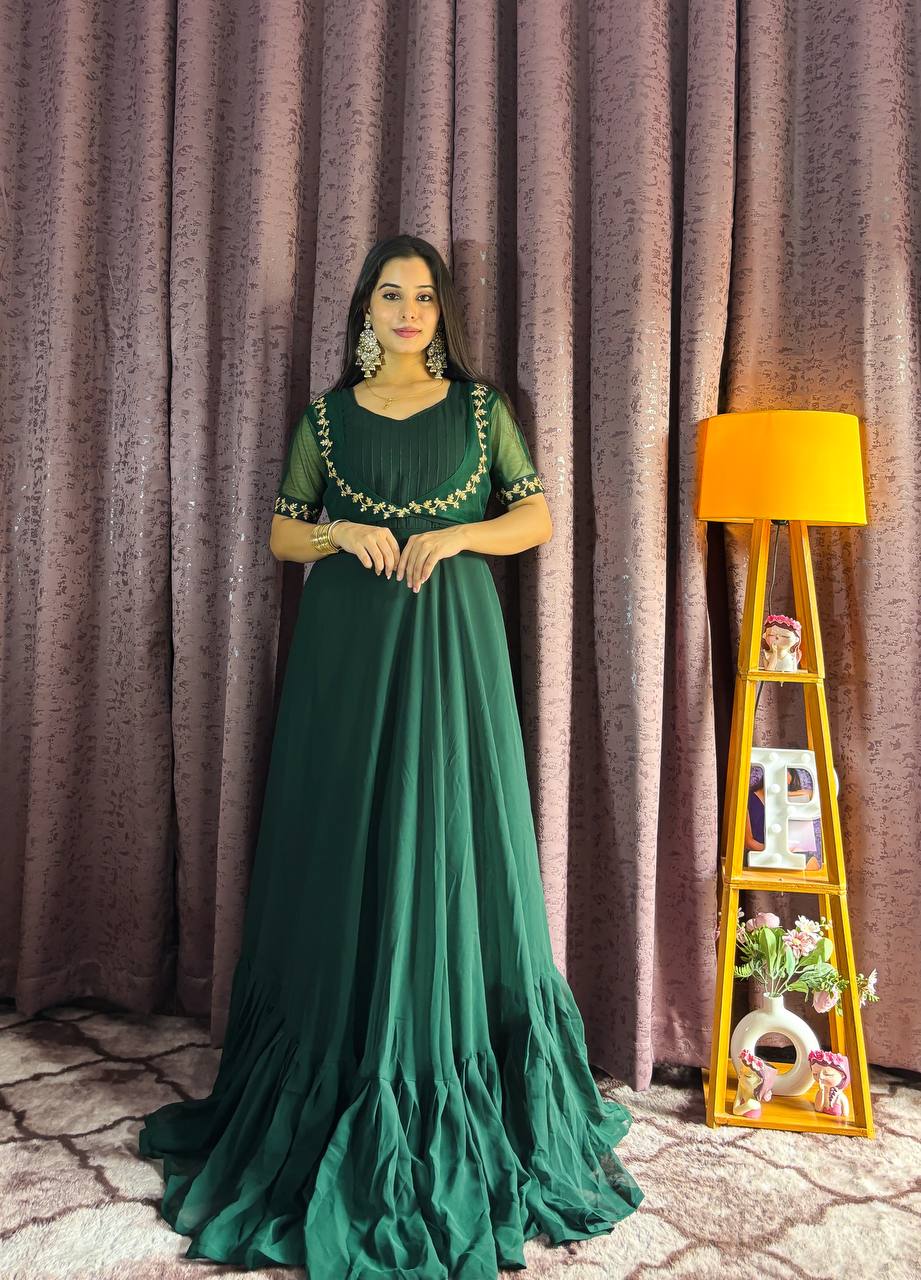 Green Georgette Ruffle Gown with Removable Net Koti – Festive Wear Collection ClothsVilla Main image