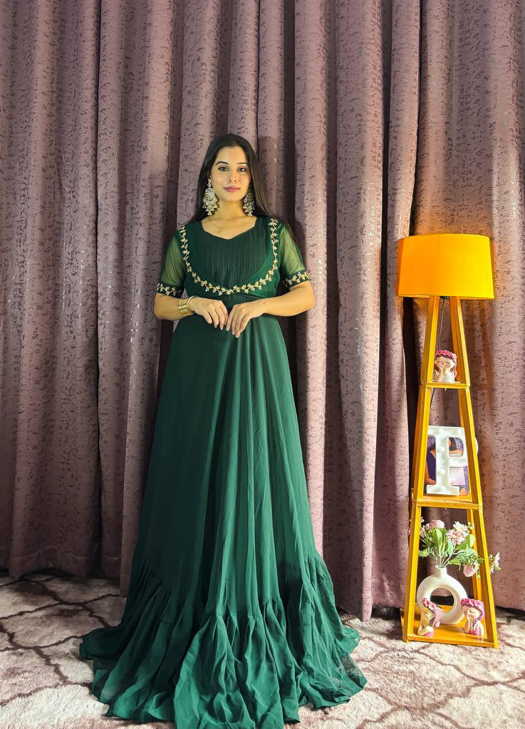 Green Georgette Ruffle Gown with Removable Net Koti – Festive Wear Collection ClothsVilla