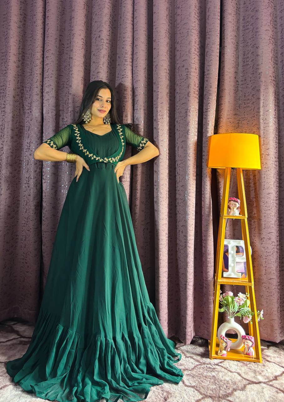 Green Georgette Ruffle Gown with Removable Net Koti – Festive Wear Collection ClothsVilla