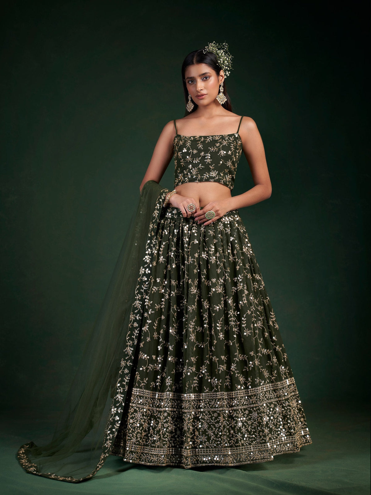 Dark Green Georgette Semi-Stitched Lehenga with 7mm Sequins & Zari Embroidery  Soft Net Dupatta Unstitched Blouse ClothsVilla Main image