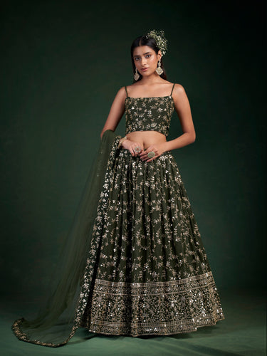 Dark Green Georgette Semi-Stitched Lehenga with 7mm Sequins & Zari Embroidery  Soft Net Dupatta Unstitched Blouse ClothsVilla