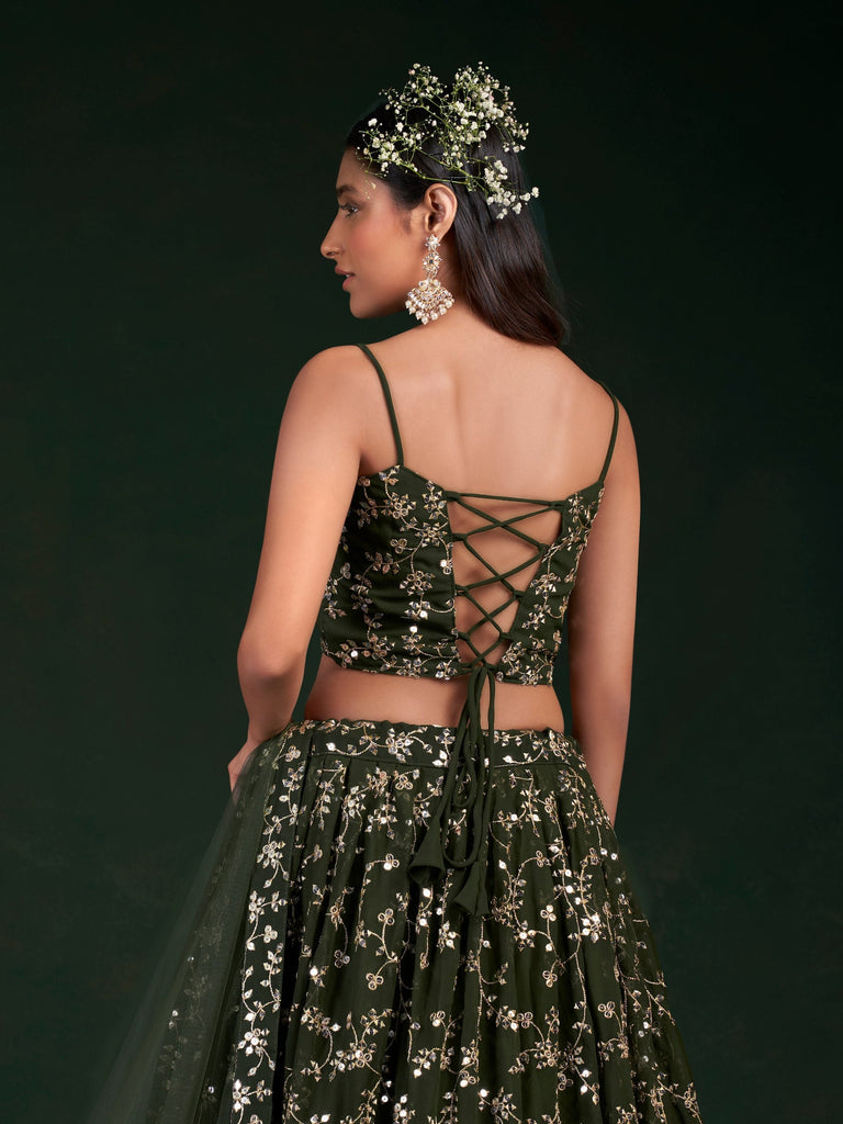 Dark Green Georgette Semi-Stitched Lehenga with 7mm Sequins & Zari Embroidery  Soft Net Dupatta Unstitched Blouse ClothsVilla