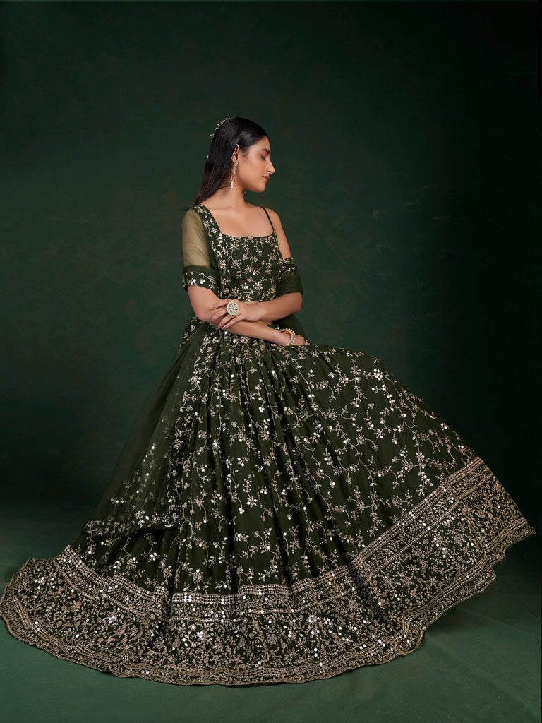 Dark Green Georgette Semi-Stitched Lehenga with 7mm Sequins & Zari Embroidery  Soft Net Dupatta Unstitched Blouse ClothsVilla