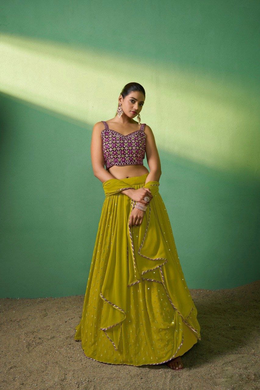 Green Georgette Sequins Embroidered Lehenga Set with Lace Dupatta ClothsVilla