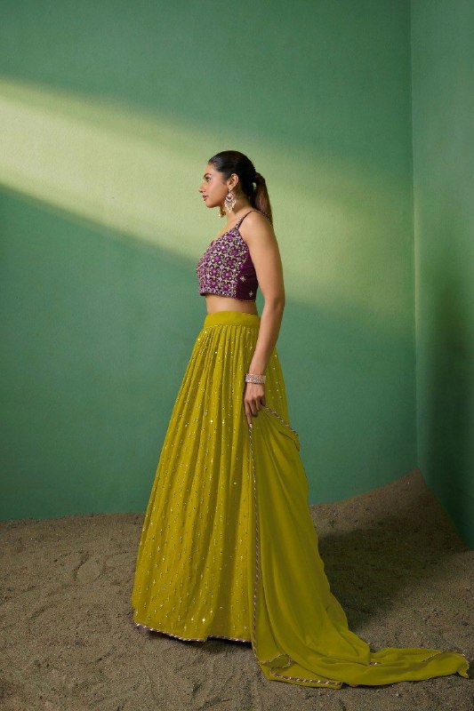 Green Georgette Sequins Embroidered Lehenga Set with Lace Dupatta ClothsVilla