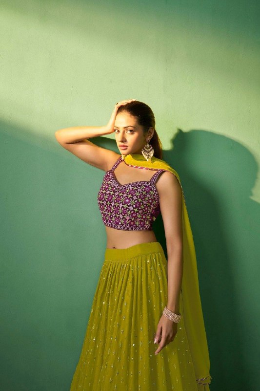 Green Georgette Sequins Embroidered Lehenga Set with Lace Dupatta ClothsVilla