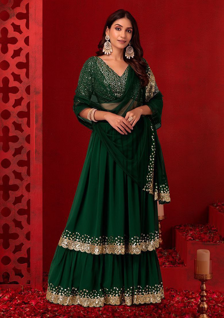 Green Georgette Sequins Zari Embroidered Lehenga Choli with Matching Dupatta – Semi-Stitched Layered Can-Can 3+ Meter Flair Wedding & Festive Wear Secondary image
