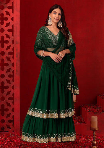 Green Georgette Sequins Zari Embroidered Lehenga Choli with Matching Dupatta – Semi-Stitched Layered Can-Can 3+ Meter Flair Wedding & Festive Wear ClothsVilla