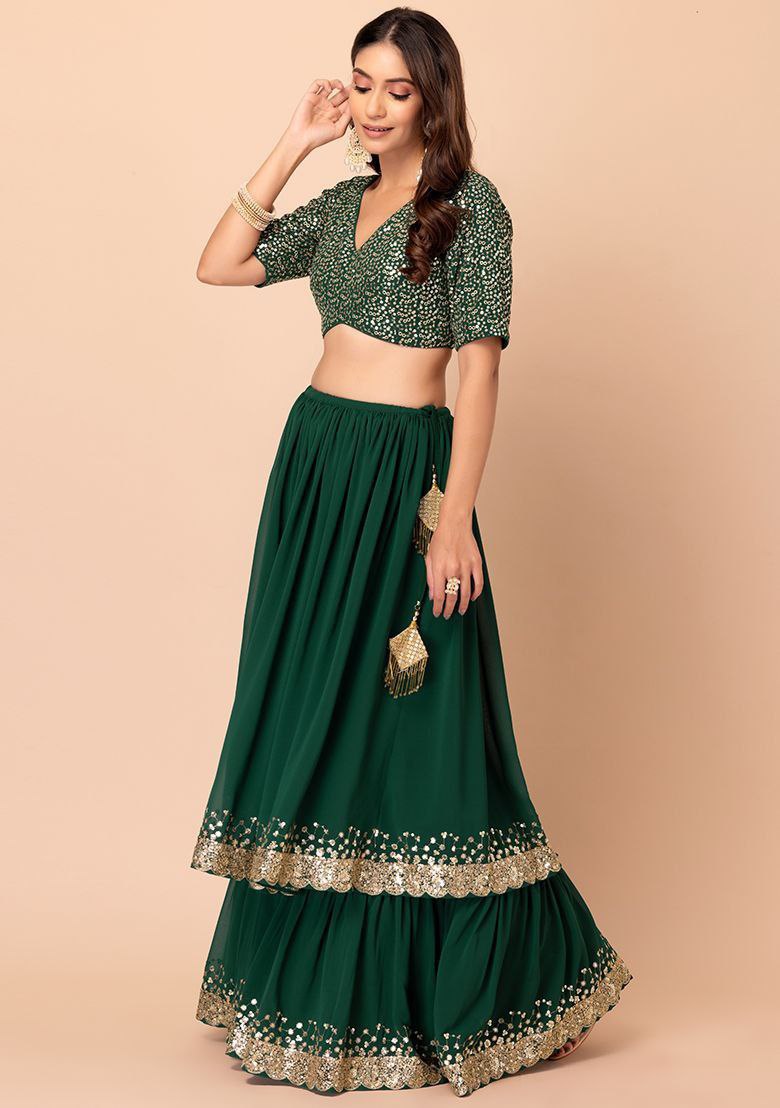 Green Georgette Sequins Zari Embroidered Lehenga Choli with Matching Dupatta – Semi-Stitched Layered Can-Can 3+ Meter Flair Wedding & Festive Wear ClothsVilla