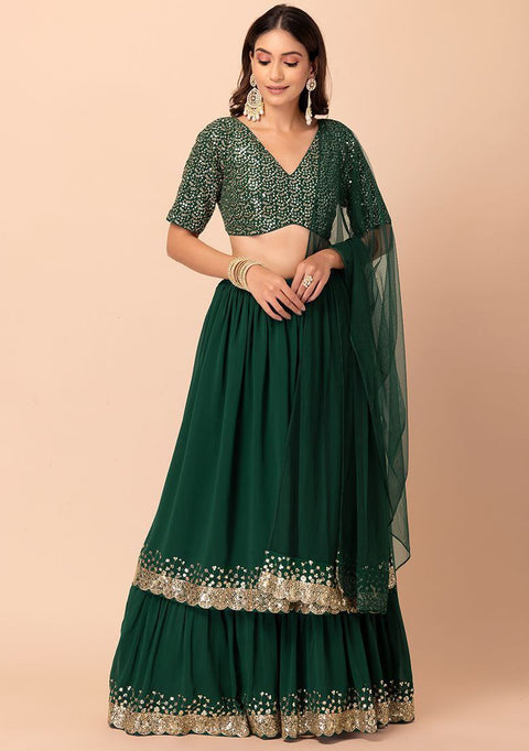 Green Georgette Sequins Zari Embroidered Lehenga Choli with Matching Dupatta – Semi-Stitched Layered Can-Can 3+ Meter Flair Wedding & Festive Wear ClothsVilla Main image