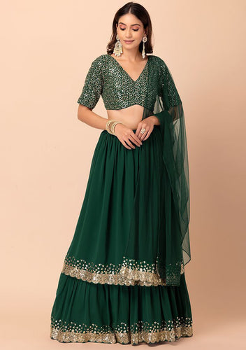 Green Georgette Sequins Zari Embroidered Lehenga Choli with Matching Dupatta – Semi-Stitched Layered Can-Can 3+ Meter Flair Wedding & Festive Wear ClothsVilla
