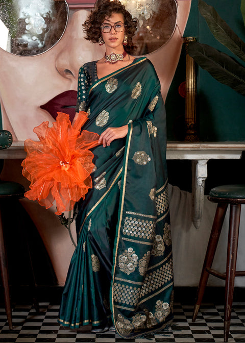 Green Glamorous Satin Silk Saree – Perfect for Cocktail & Dinner Parties ClothsVilla Main image