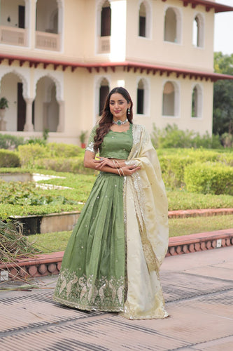 Green Gold Crush Sequins & Zari Embroidered Lehenga Set with 3-Meter Flair, Heavy Dupatta & Unstitched Designer Blouse – Fully Stitched Festive & Wedding Wear Ensemble ClothsVilla
