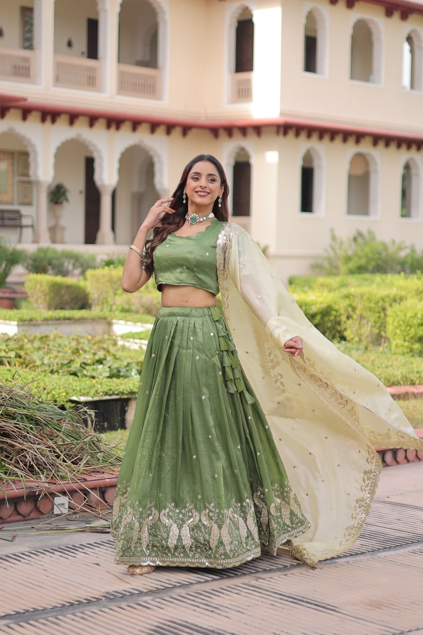 Green Gold Crush Sequins & Zari Embroidered Lehenga Set with 3-Meter Flair, Heavy Dupatta & Unstitched Designer Blouse – Fully Stitched Festive & Wedding Wear Ensemble ClothsVilla