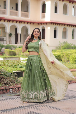 Green Gold Crush Sequins & Zari Embroidered Lehenga Set with 3-Meter Flair, Heavy Dupatta & Unstitched Designer Blouse – Fully Stitched Festive & Wedding Wear Ensemble ClothsVilla