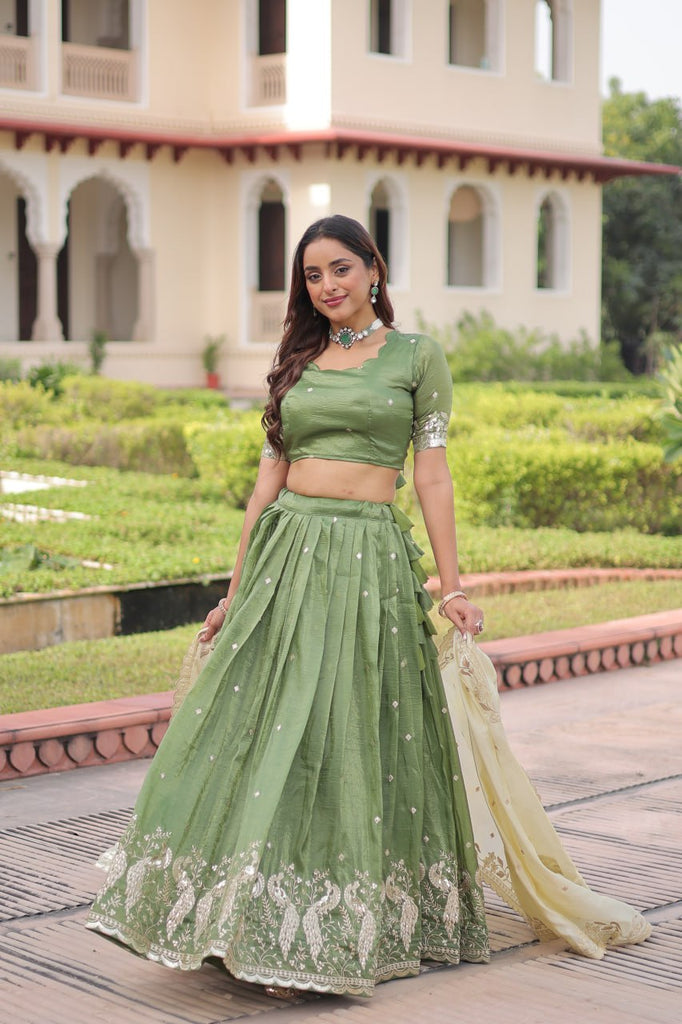 Green Gold Crush Sequins & Zari Embroidered Lehenga Set with 3-Meter Flair, Heavy Dupatta & Unstitched Designer Blouse – Fully Stitched Festive & Wedding Wear Ensemble ClothsVilla
