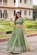 Load image into Gallery viewer, Green Gold Crush Sequins &amp; Zari Embroidered Lehenga Set with 3-Meter Flair, Heavy Dupatta &amp; Unstitched Designer Blouse – Fully Stitched Festive &amp; Wedding Wear Ensemble ClothsVilla