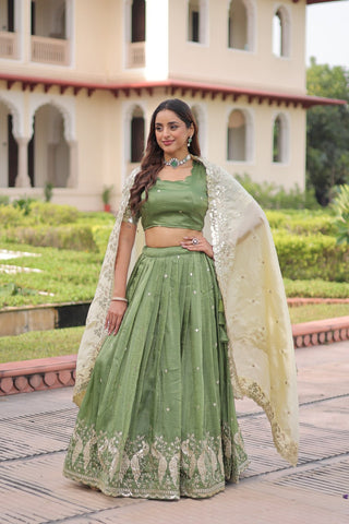 Green Gold Crush Sequins & Zari Embroidered Lehenga Set with 3-Meter Flair, Heavy Dupatta & Unstitched Designer Blouse – Fully Stitched Festive & Wedding Wear Ensemble ClothsVilla