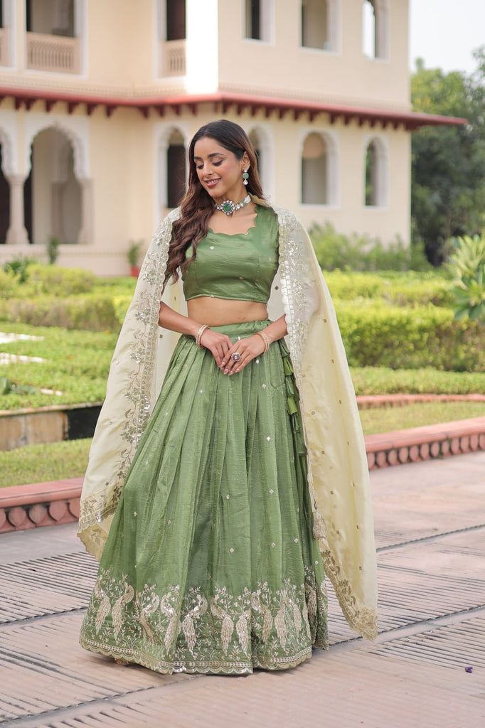 Green Gold Crush Sequins & Zari Embroidered Lehenga Set with 3-Meter Flair, Heavy Dupatta & Unstitched Designer Blouse – Fully Stitched Festive & Wedding Wear Ensemble ClothsVilla