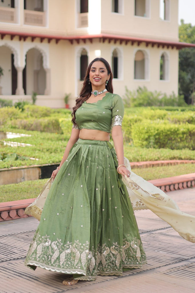 Green Gold Crush Sequins & Zari Embroidered Lehenga Set with 3-Meter Flair, Heavy Dupatta & Unstitched Designer Blouse – Fully Stitched Festive & Wedding Wear Ensemble ClothsVilla