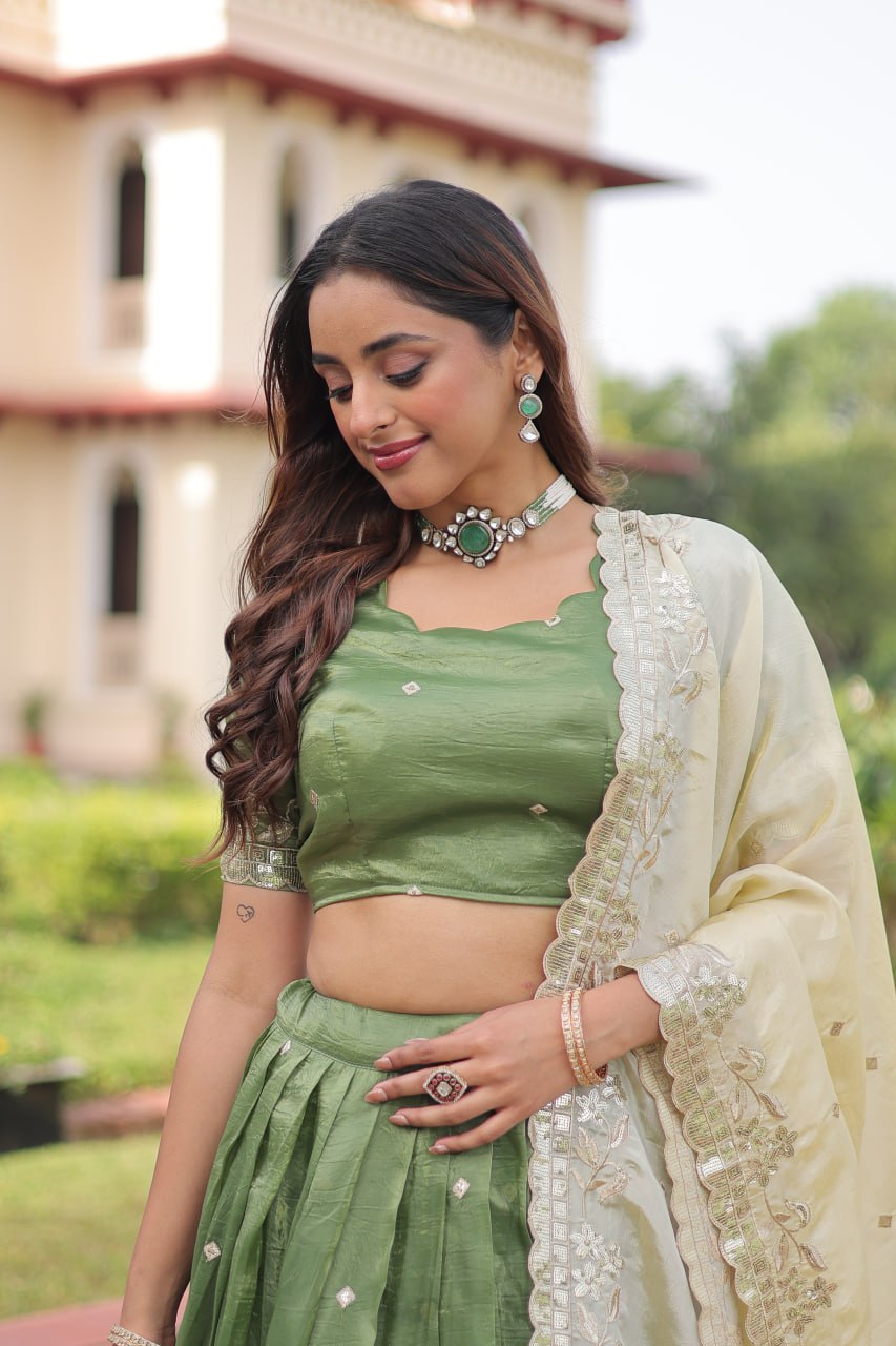 Green Gold Crush Sequins & Zari Embroidered Lehenga Set with 3-Meter Flair, Heavy Dupatta & Unstitched Designer Blouse – Fully Stitched Festive & Wedding Wear Ensemble ClothsVilla