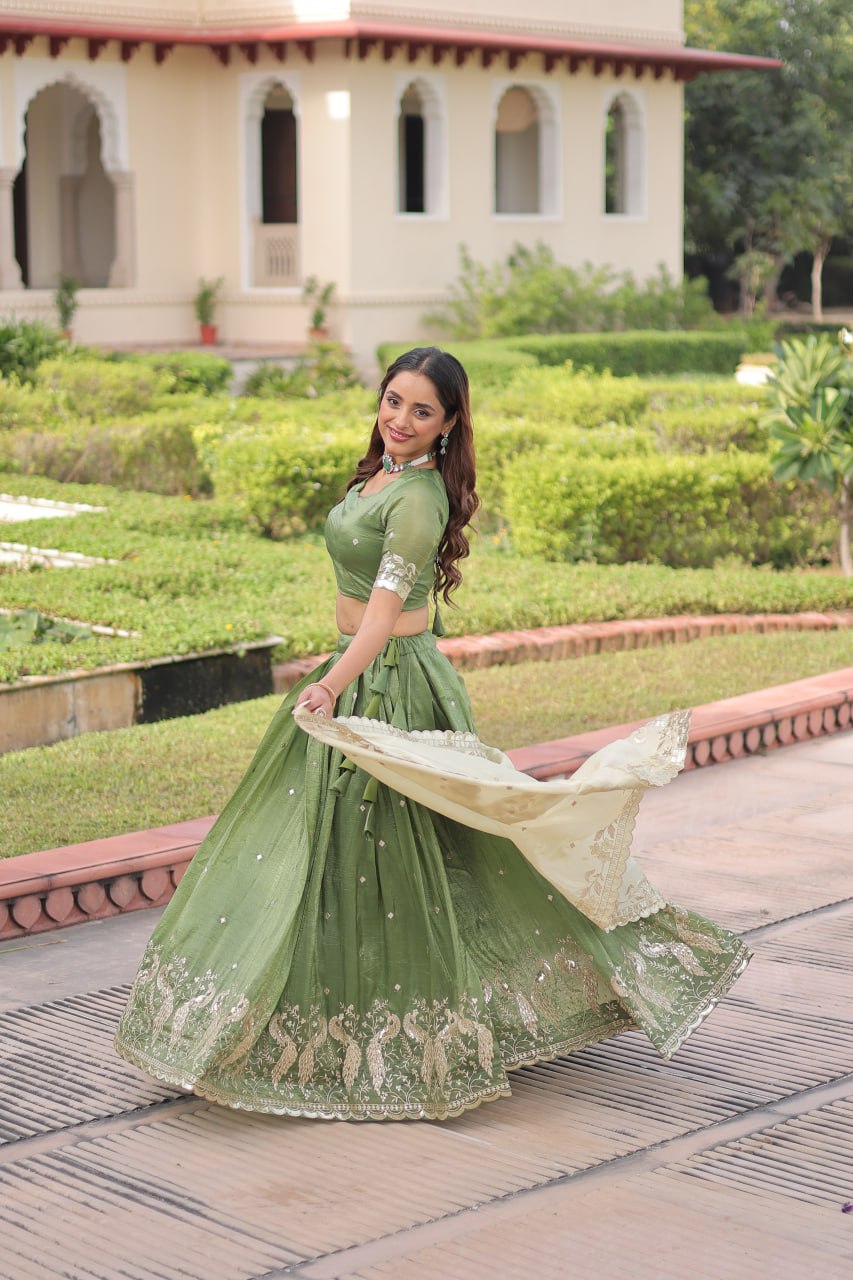 Green Gold Crush Sequins & Zari Embroidered Lehenga Set with 3-Meter Flair, Heavy Dupatta & Unstitched Designer Blouse – Fully Stitched Festive & Wedding Wear Ensemble ClothsVilla