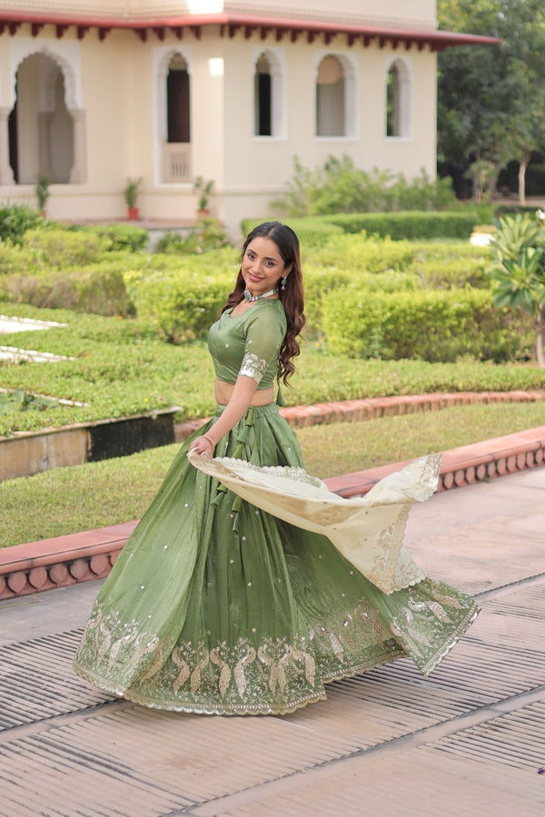 Green Gold Crush Sequins & Zari Embroidered Lehenga Set with 3-Meter Flair, Heavy Dupatta & Unstitched Designer Blouse – Fully Stitched Festive & Wedding Wear Ensemble ClothsVilla