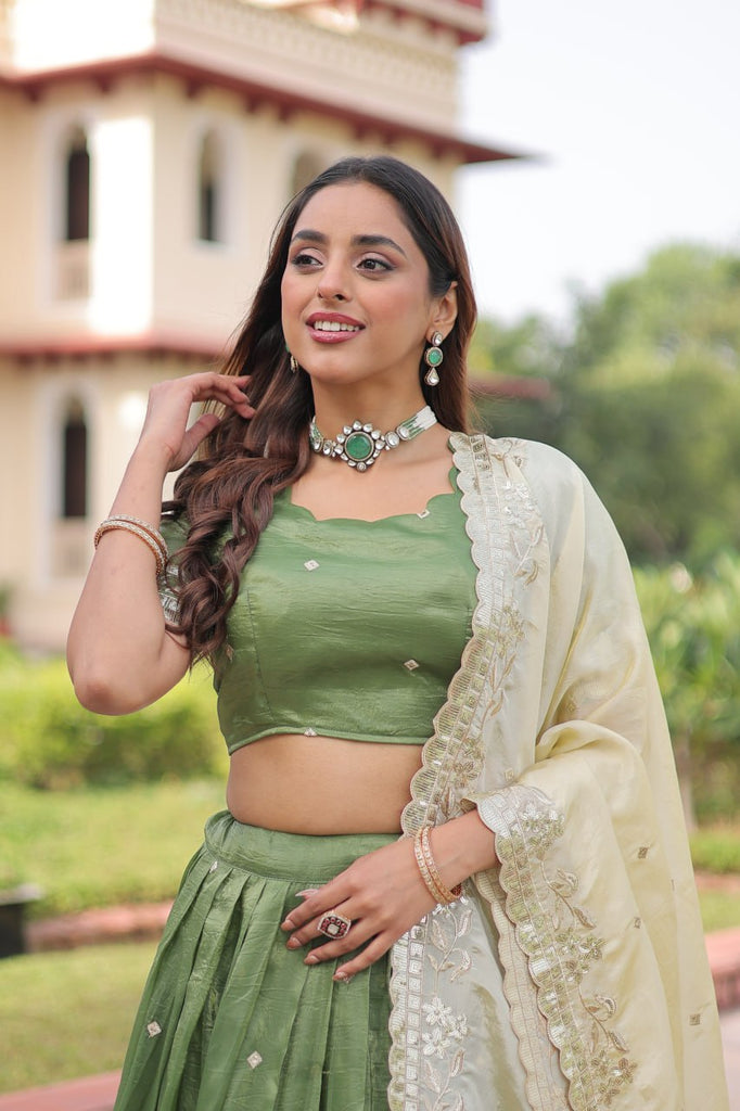 Green Gold Crush Sequins & Zari Embroidered Lehenga Set with 3-Meter Flair, Heavy Dupatta & Unstitched Designer Blouse – Fully Stitched Festive & Wedding Wear Ensemble ClothsVilla