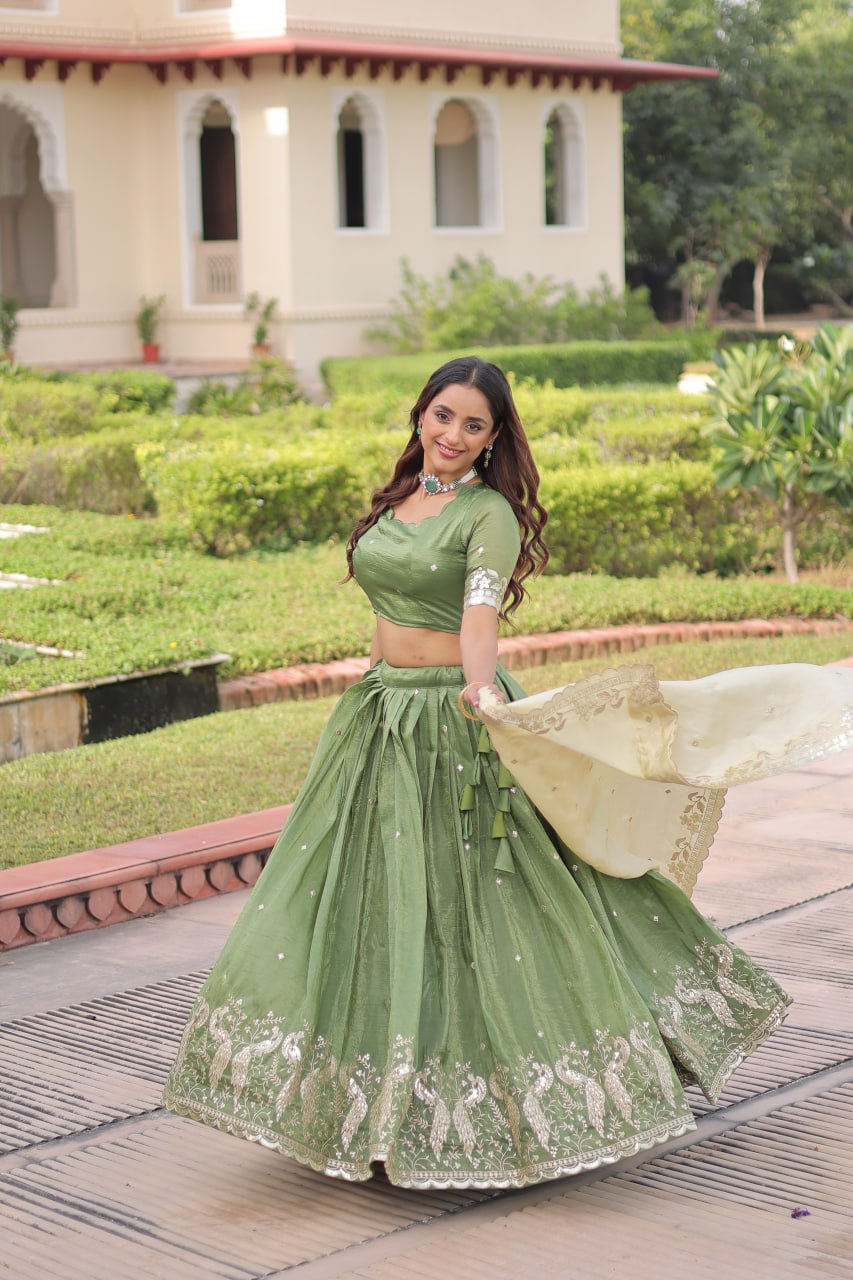 Green Gold Crush Sequins & Zari Embroidered Lehenga Set with 3-Meter Flair, Heavy Dupatta & Unstitched Designer Blouse – Fully Stitched Festive & Wedding Wear Ensemble ClothsVilla