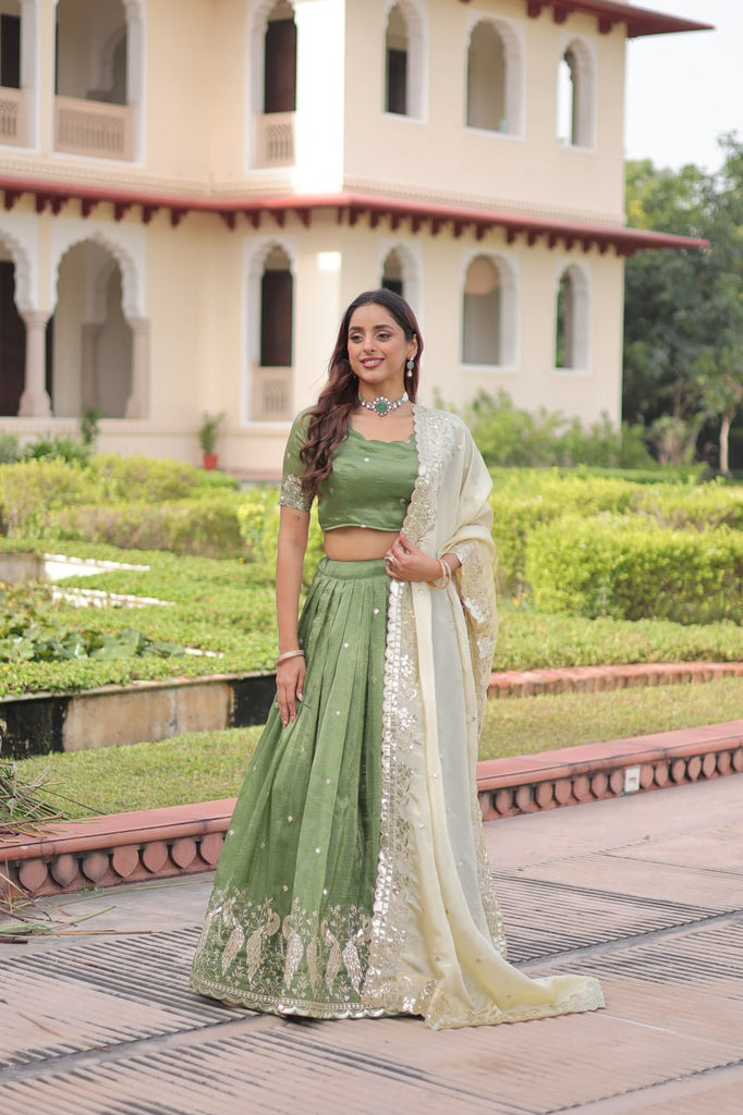 Green Gold Crush Sequins & Zari Embroidered Lehenga Set with 3-Meter Flair, Heavy Dupatta & Unstitched Designer Blouse – Fully Stitched Festive & Wedding Wear Ensemble ClothsVilla
