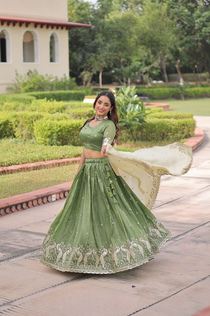 Green Gold Crush Sequins & Zari Embroidered Lehenga Set with 3-Meter Flair, Heavy Dupatta & Unstitched Designer Blouse – Fully Stitched Festive & Wedding Wear Ensemble ClothsVilla