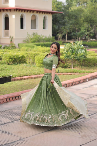 Green Gold Crush Sequins & Zari Embroidered Lehenga Set with 3-Meter Flair, Heavy Dupatta & Unstitched Designer Blouse – Fully Stitched Festive & Wedding Wear Ensemble ClothsVilla