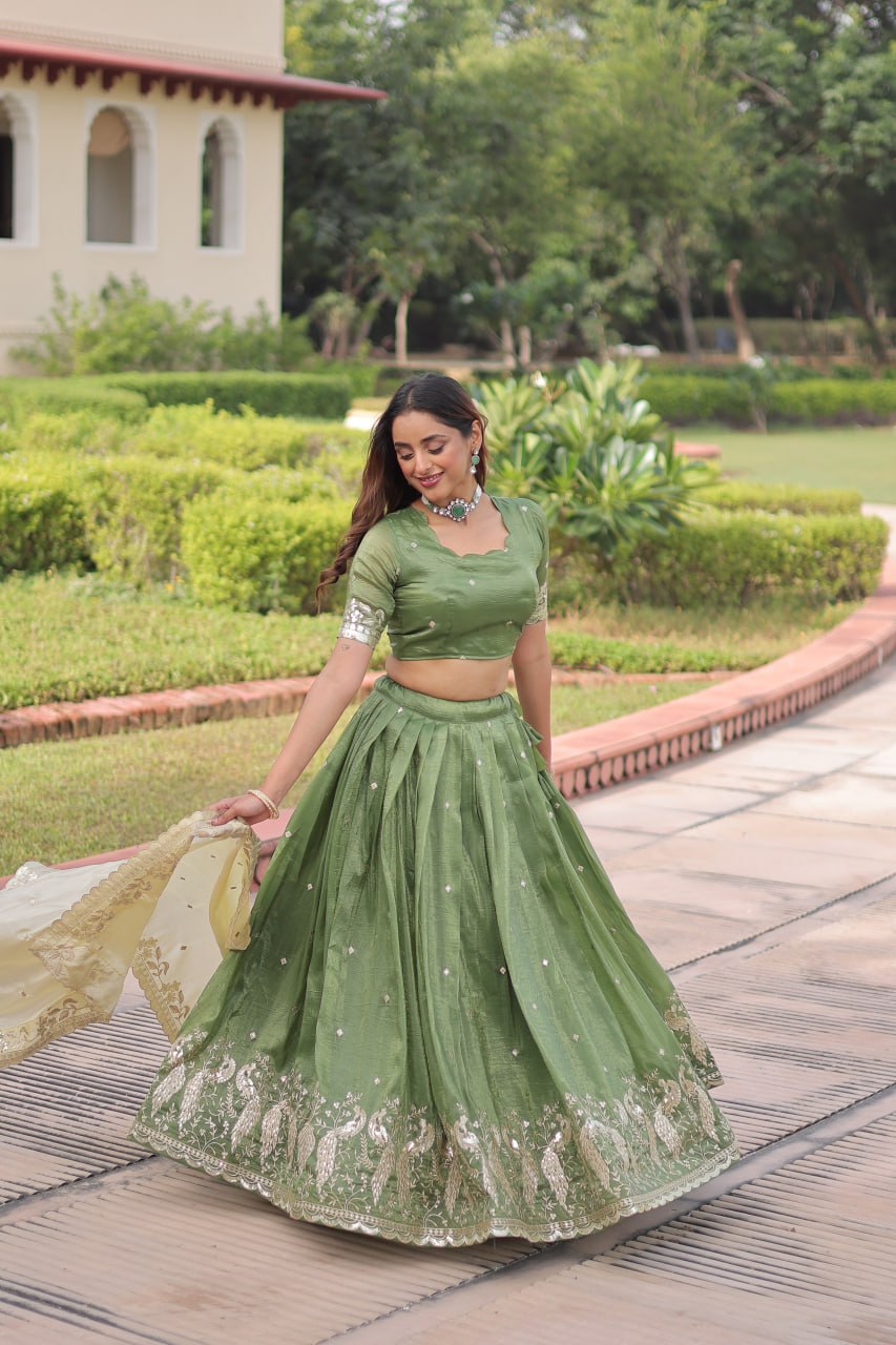 Green Gold Crush Sequins & Zari Embroidered Lehenga Set with 3-Meter Flair, Heavy Dupatta & Unstitched Designer Blouse – Fully Stitched Festive & Wedding Wear Ensemble ClothsVilla