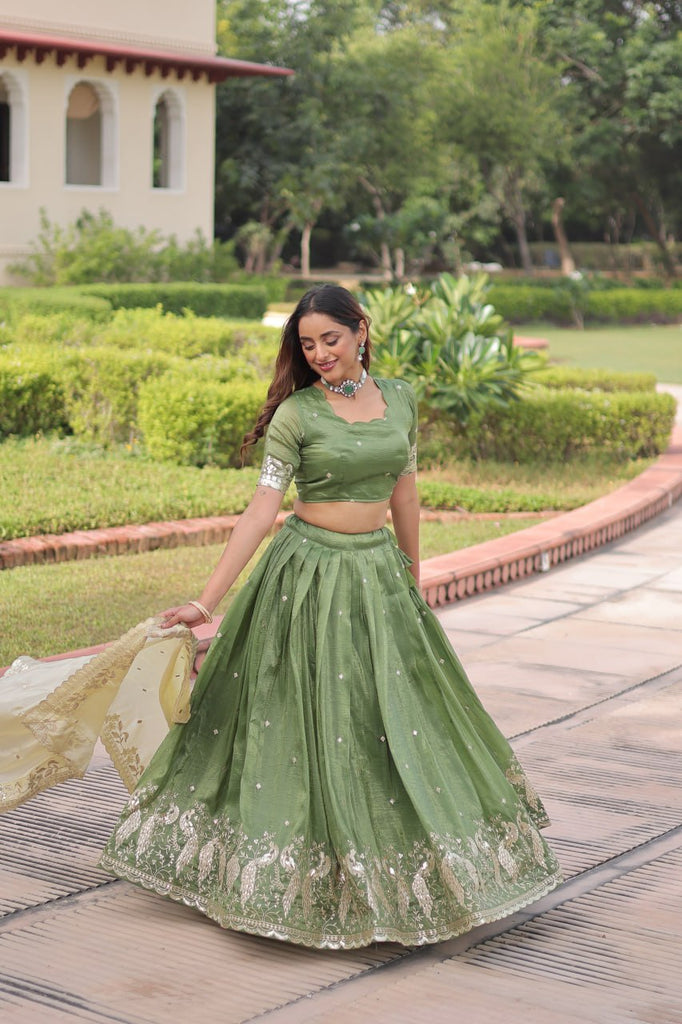 Green Gold Crush Sequins & Zari Embroidered Lehenga Set with 3-Meter Flair, Heavy Dupatta & Unstitched Designer Blouse – Fully Stitched Festive & Wedding Wear Ensemble ClothsVilla