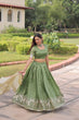 Load image into Gallery viewer, Green Gold Crush Sequins &amp; Zari Embroidered Lehenga Set with 3-Meter Flair, Heavy Dupatta &amp; Unstitched Designer Blouse – Fully Stitched Festive &amp; Wedding Wear Ensemble ClothsVilla