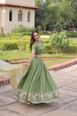 Green Gold Crush Sequins & Zari Embroidered Lehenga Set with 3-Meter Flair, Heavy Dupatta & Unstitched Designer Blouse – Fully Stitched Festive & Wedding Wear Ensemble ClothsVilla