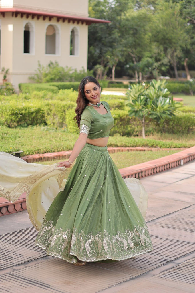 Green Gold Crush Sequins & Zari Embroidered Lehenga Set with 3-Meter Flair, Heavy Dupatta & Unstitched Designer Blouse – Fully Stitched Festive & Wedding Wear Ensemble ClothsVilla
