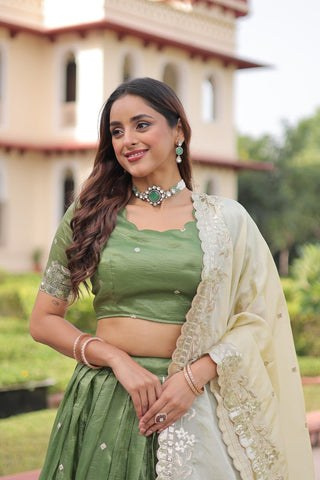 Green Gold Crush Sequins & Zari Embroidered Lehenga Set with 3-Meter Flair, Heavy Dupatta & Unstitched Designer Blouse – Fully Stitched Festive & Wedding Wear Ensemble ClothsVilla
