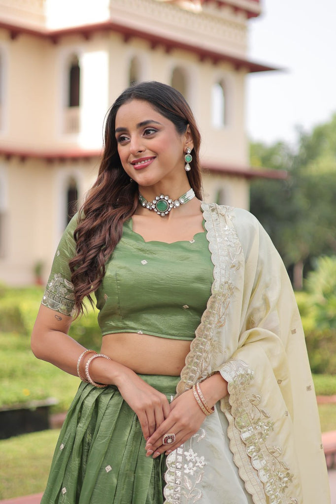 Green Gold Crush Sequins & Zari Embroidered Lehenga Set with 3-Meter Flair, Heavy Dupatta & Unstitched Designer Blouse – Fully Stitched Festive & Wedding Wear Ensemble ClothsVilla