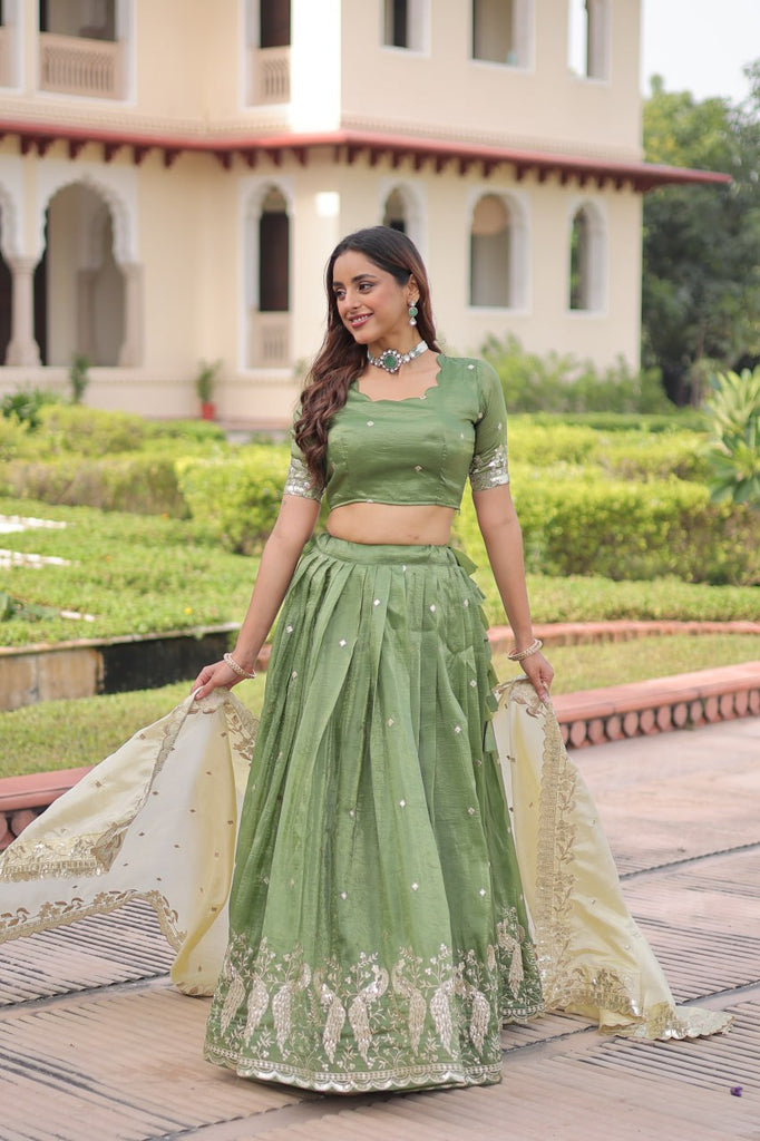 Green Gold Crush Sequins & Zari Embroidered Lehenga Set with 3-Meter Flair, Heavy Dupatta & Unstitched Designer Blouse – Fully Stitched Festive & Wedding Wear Ensemble ClothsVilla